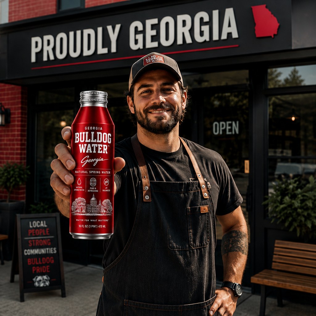 A shop owner standing outside his storefront holding a bottle of Bulldog Water, beside a sign reading Local People, Strong Communities, Bulldog Pride